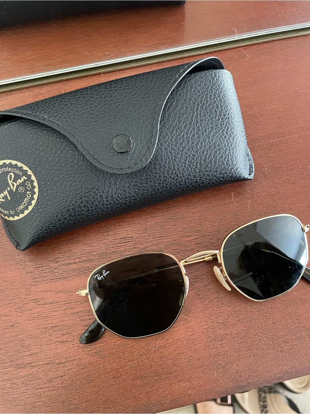 Ray-Ban Hexagonal Gold Frame Black Lens Sunglasses